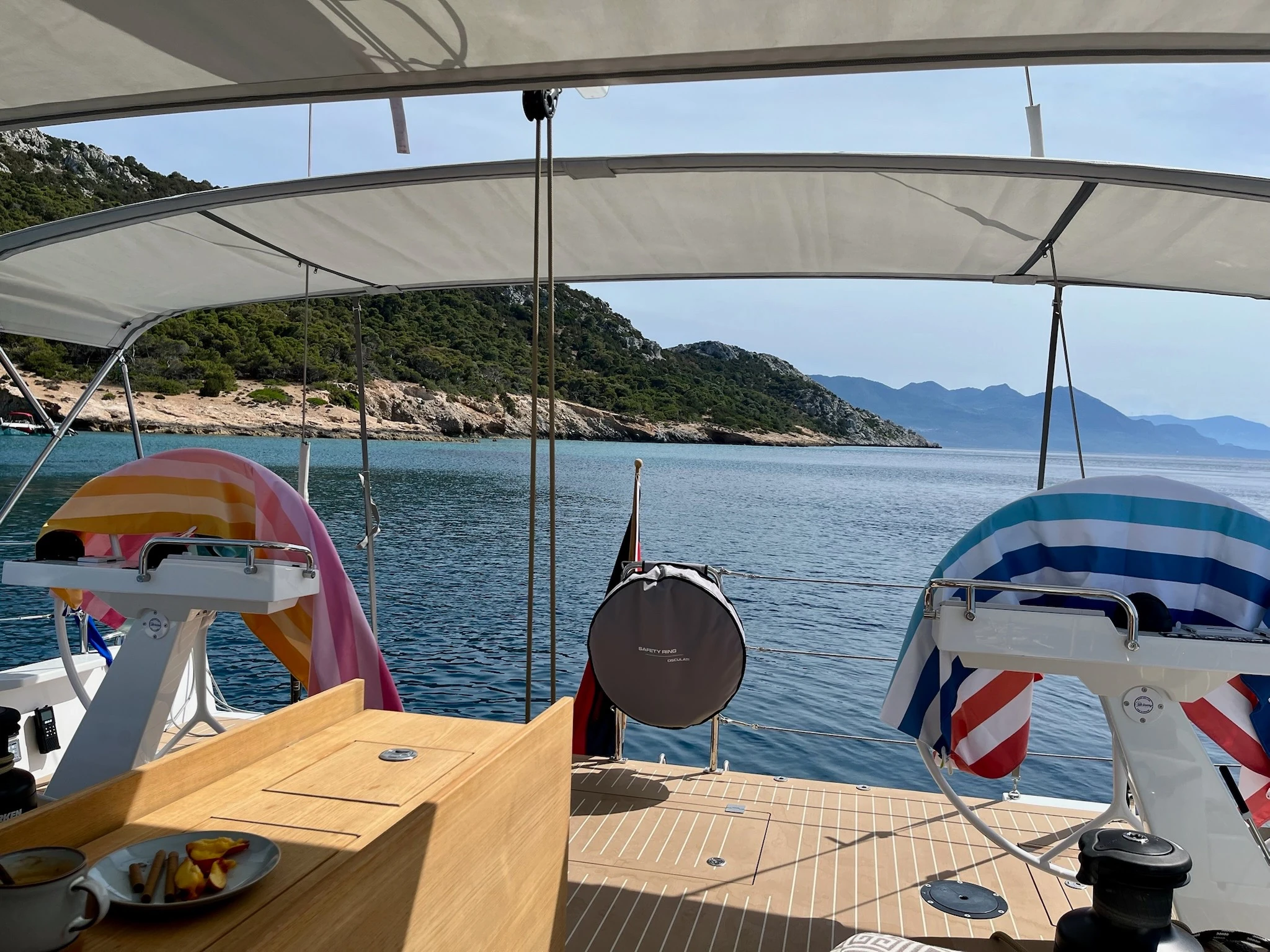 Cockpit of NAIS at anchor in a calm bay