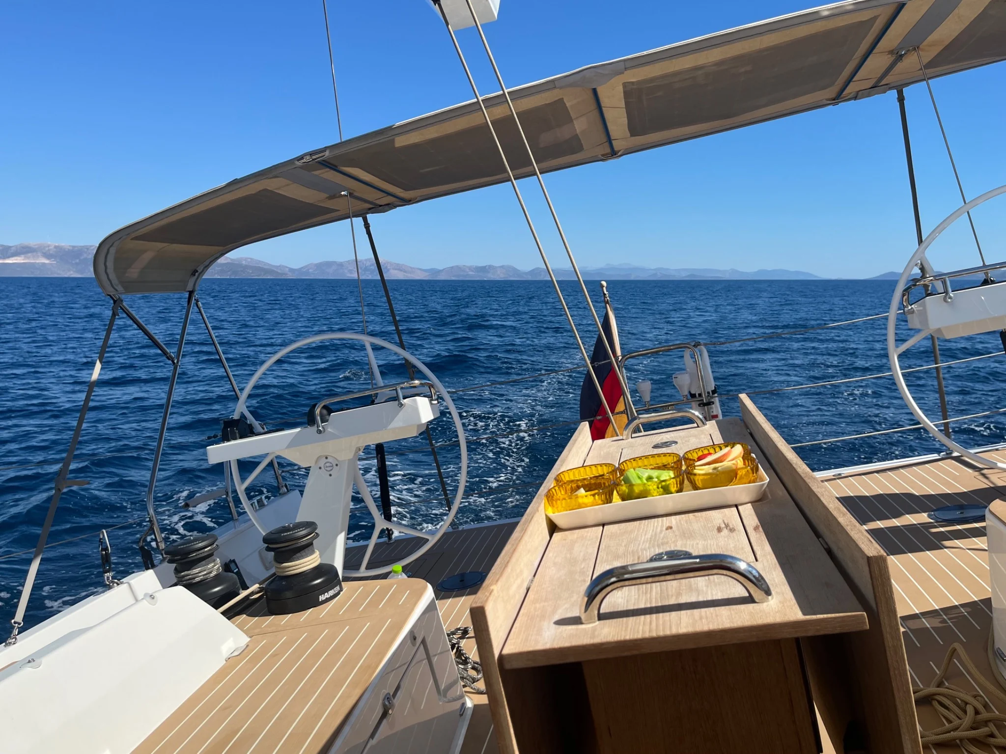 Cockpit and twin helm stations aboard NAÏS while sailing in Greece